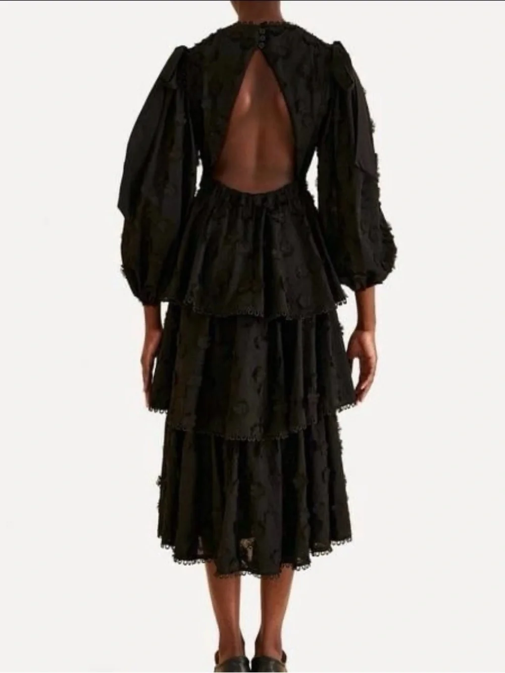 FARM RIO Black Flowers Textured Tiered Ruffle Midi-Dress Sz S Victorian Prairie - Picture 3 of 16